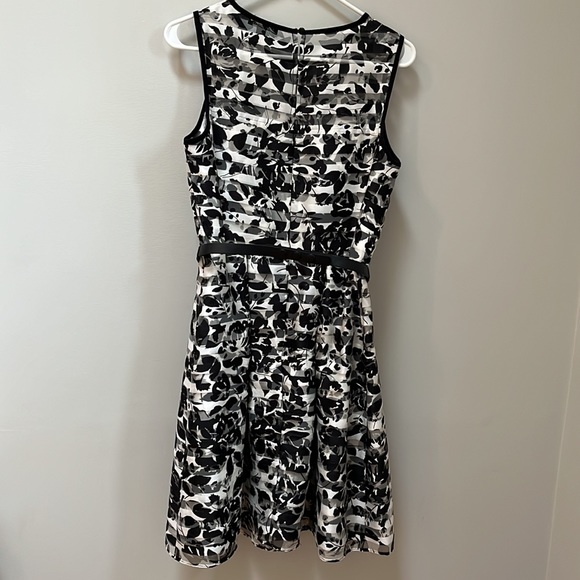 Black and white floral dress with overall and sheer upper chest - Picture 5 of 6